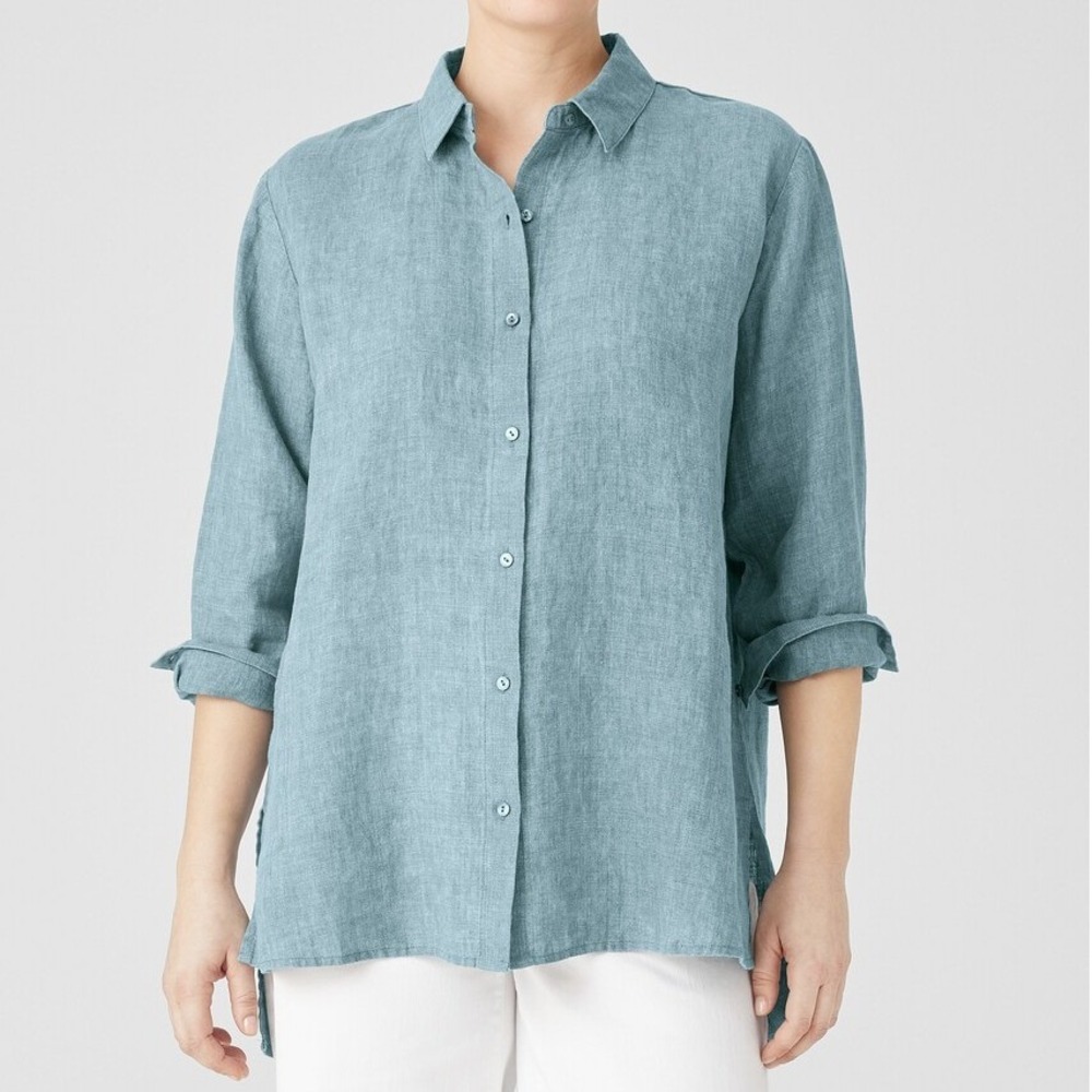 Eileen Fisher Teal Blue Green Long Sleeve Button Front Shirt Blouse Size Small